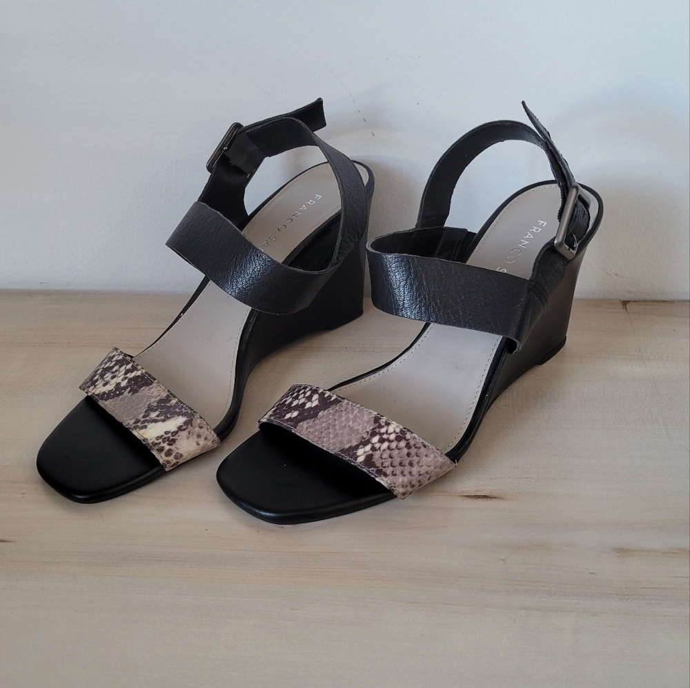 Franco Sarto | Snake skin Hooper Wedge Sandals | Leather black sandals |size